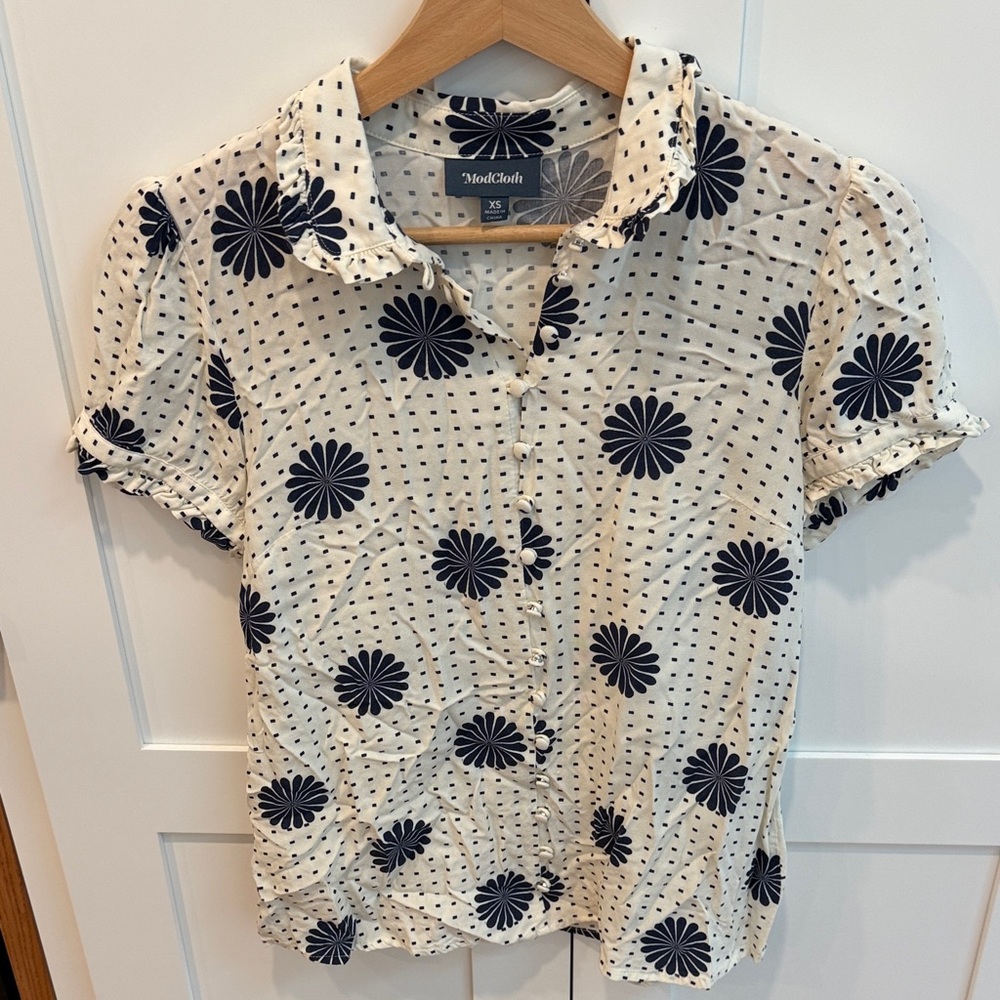 Modcloth Cream and Navy Floral Button Down Shirt